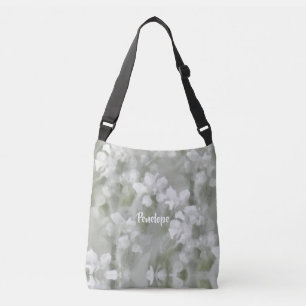 White Impressionist Botanical Art with Name Crossbody Bag