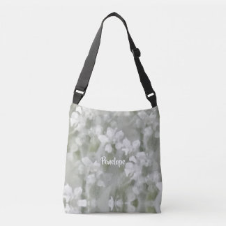 White Impressionist Botanical Art with Name  Crossbody Bag