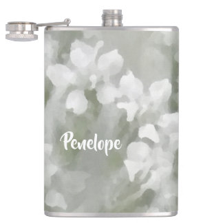 White Impressionist Botanical Art with Name Hip Flask
