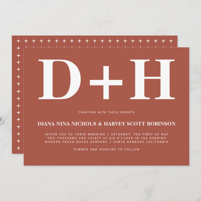 White initials terracotta bold typography wedding invitation (Front/Back)