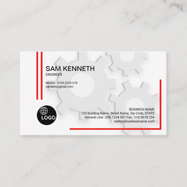 White Innocence Three Gears Engineer Business Card (Front)