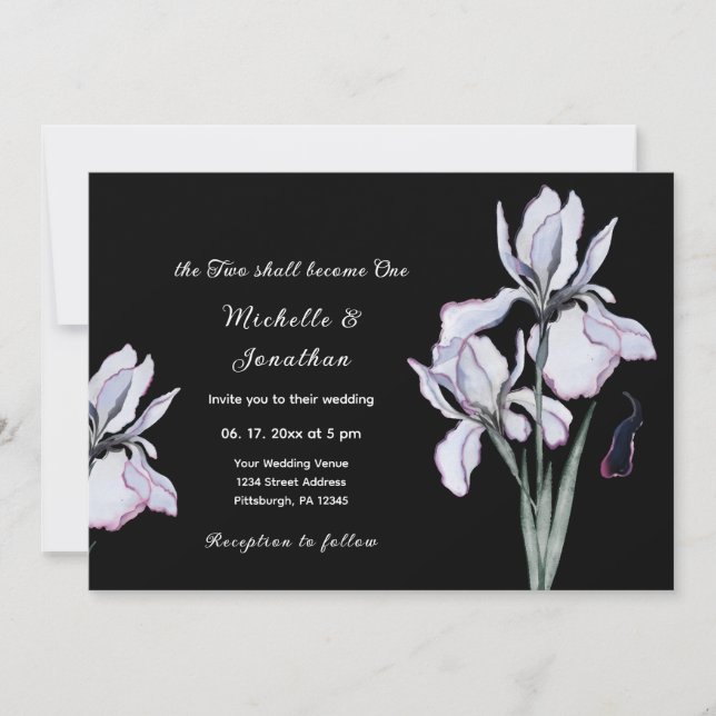 White Iris Floral on Black Christian Wedding Invitation (Front)