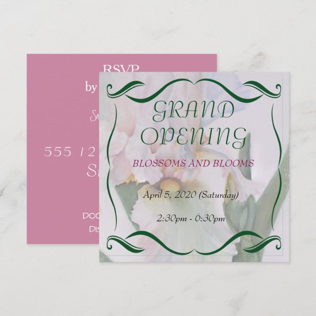 WHITE IRIS WATERCOLOR FLOWER GRAND OPENING INVITE (Front/Back)