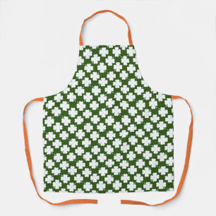 White Irish Shamrock Pattern on Forest Green Apron