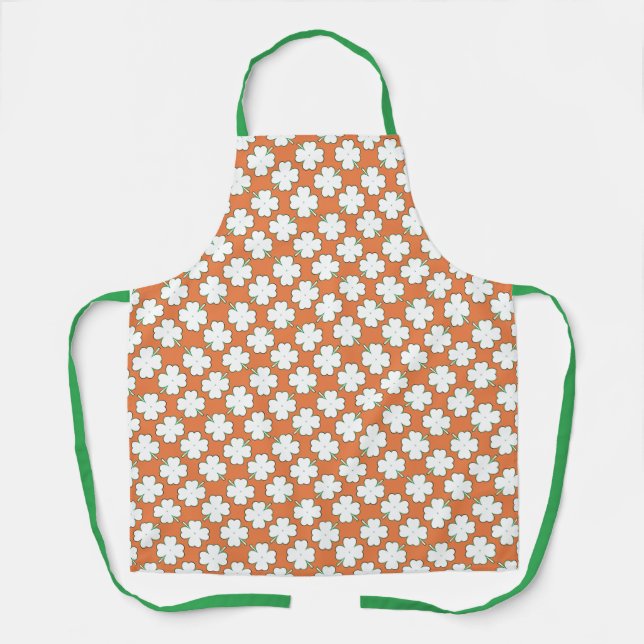 White Irish Shamrock Pattern on Orange Apron (Front)