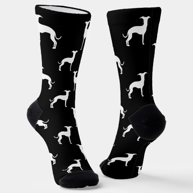 White Italian Greyhound Silhouettes On Black Socks (Angled)