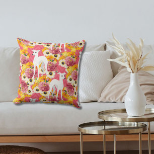 White Italian Greyhounds with Pink Flowers Cushion