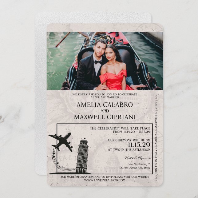 White Italy Passport Wedding Invitation (Front/Back)