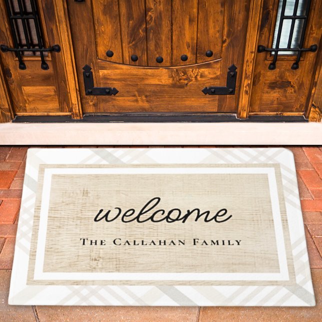 White & Ivory Beige Plaid Personalised Welcome Doormat (Creator Uploaded)