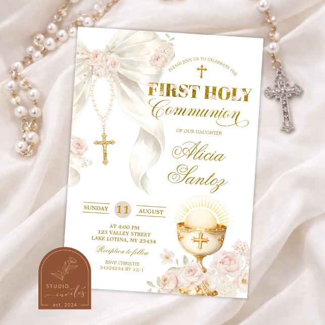 White Ivory Bow Coquette Rosary 1st holy communion Invitation (Creator Uploaded)