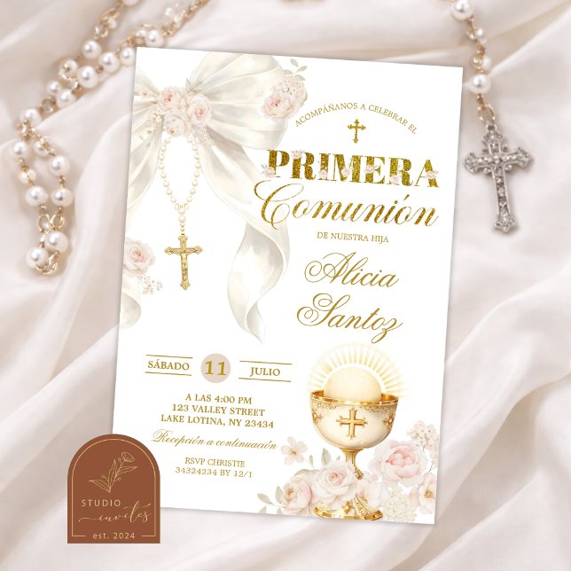 White Ivory Bow Coquette Rosary Primera Comunion Invitation (Creator Uploaded)