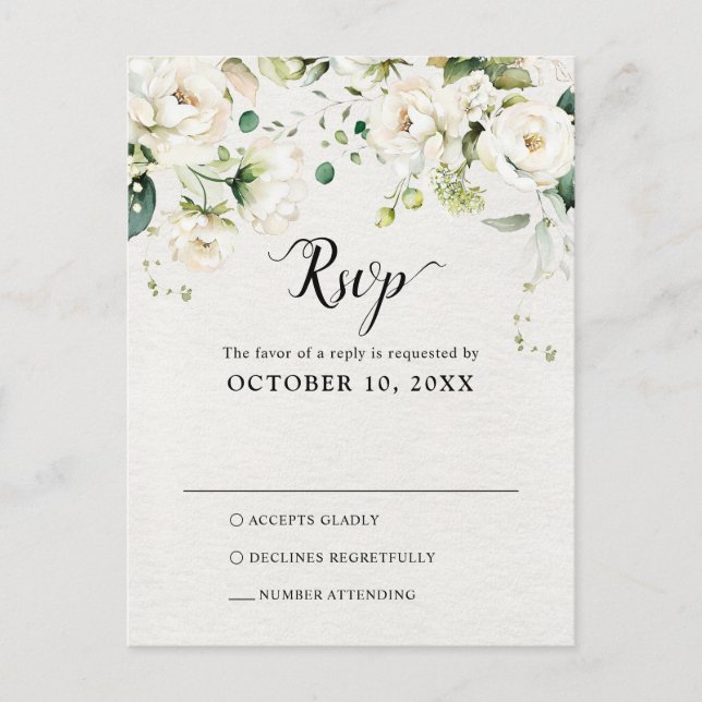 White Ivory Cream Roses Botanical Wedding RSVP Postcard (Front)