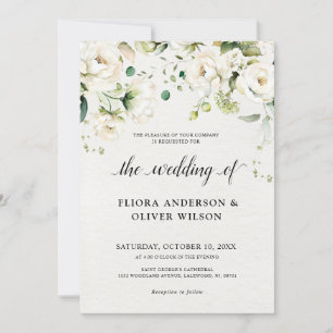 White Ivory Cream Roses Floral Botanical Wedding Invitation
