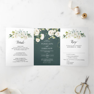 White Ivory Cream Roses Floral Botanical Wedding T Tri-Fold Programme