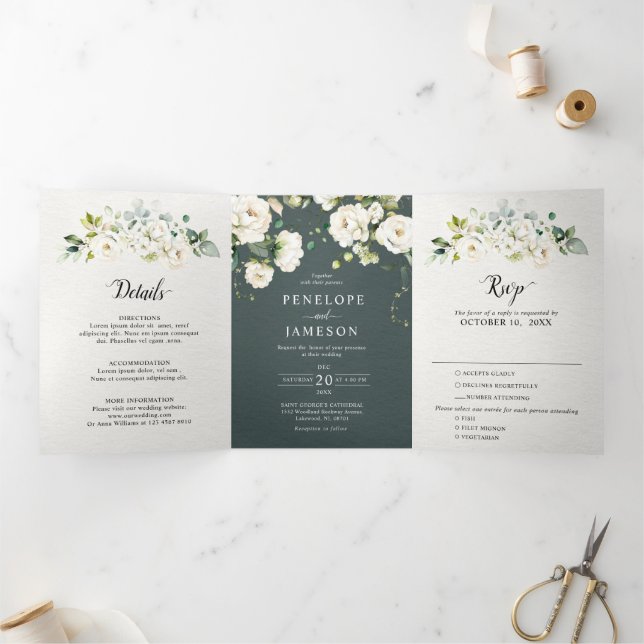 White Ivory Cream Roses Floral Botanical Wedding T Tri-Fold Programme (Inside)