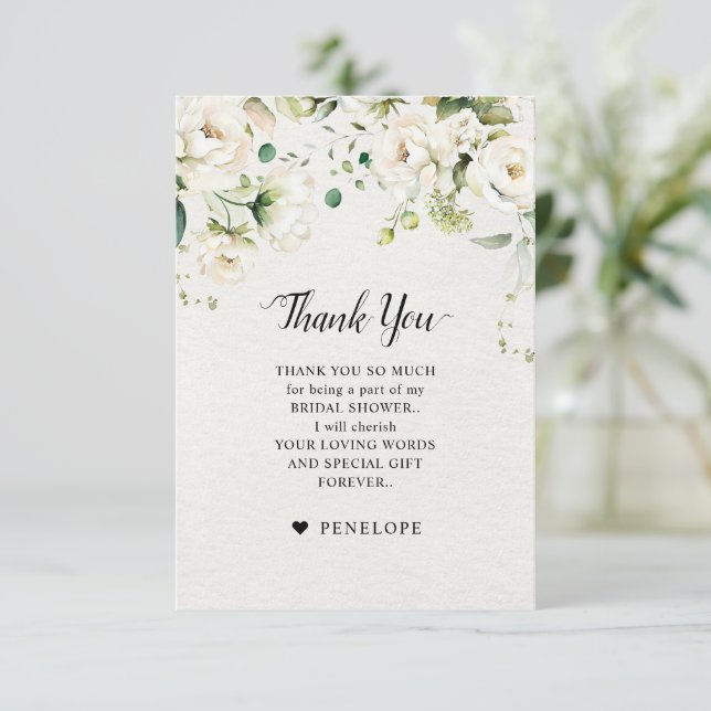 White Ivory Cream Roses Floral Botanical Wedding Thank You Card (Standing Front)