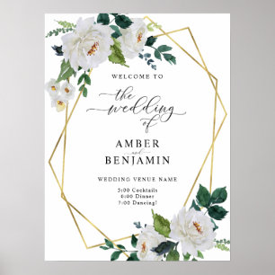 White Ivory Emerald Leaves Floral Wedding Welcome Poster