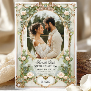 White Ivory Floral and Gold Photo Save the Date Invitation
