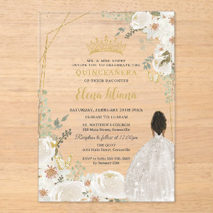 White Ivory Floral Brown Princess Gold Quinceanera Acrylic Invitations