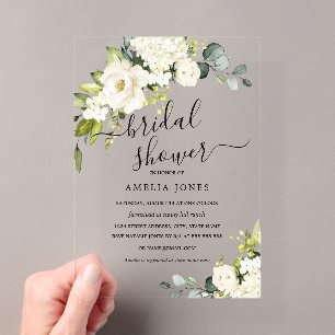 White Ivory Floral Elegant Bridal Shower  Acrylic Invitations