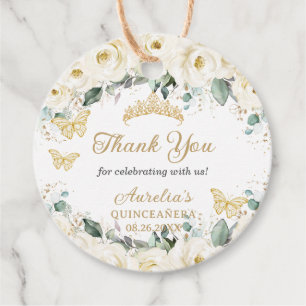 White Ivory Floral Gold Butterflies Princess Tiara Favour Tags