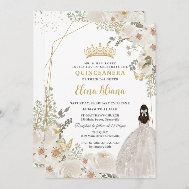 White Ivory Floral Princess Gold Quinceanera 15 XV Invitation (Front/Back)