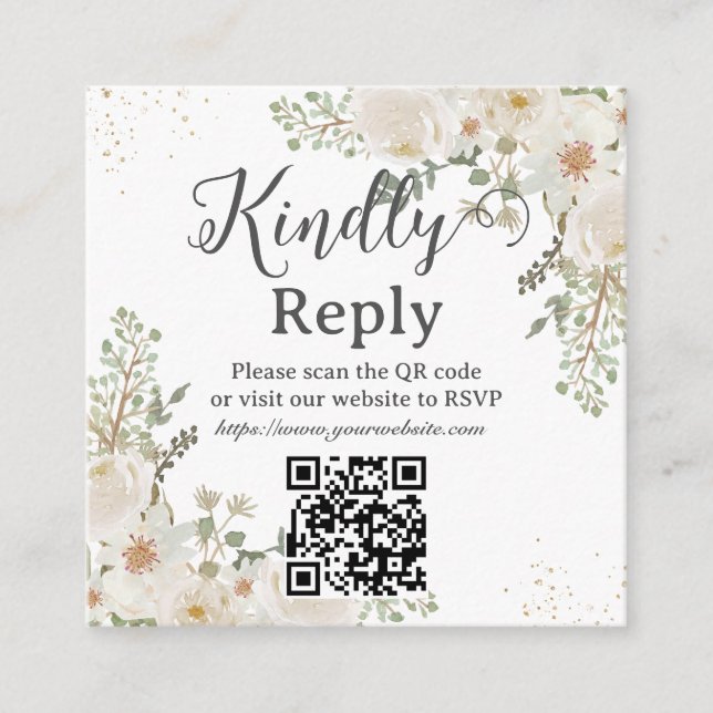 White Ivory Floral Wedding Bridal Shower QR RSVP Enclosure Card (Front)