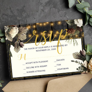 White ivory flowers rustic winter wedding RSVP card