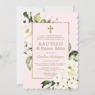 White Ivory Flowers Spanish 1st Birthday Baptism Invitation