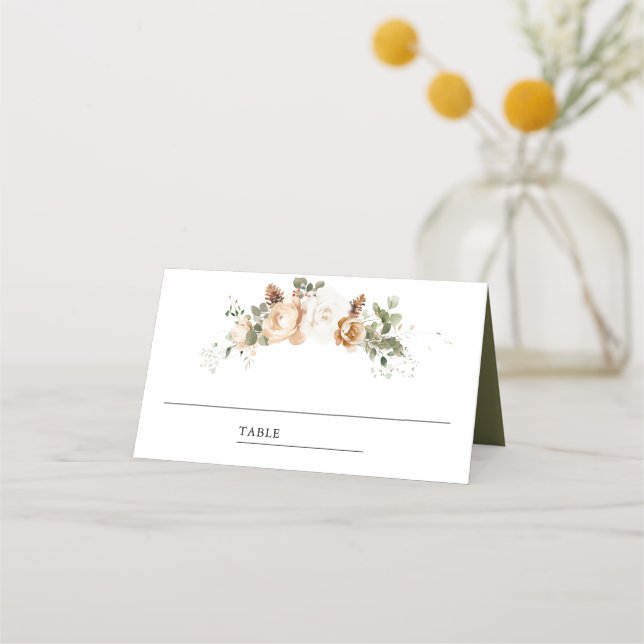 White Ivory Gold Christmas Floral Wedding  Place Card (Front)