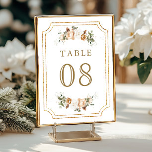 White Ivory Gold Christmas Floral Wedding Table Number