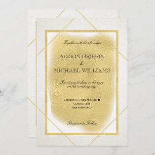 White ivory gold framed modern glam wedding invite