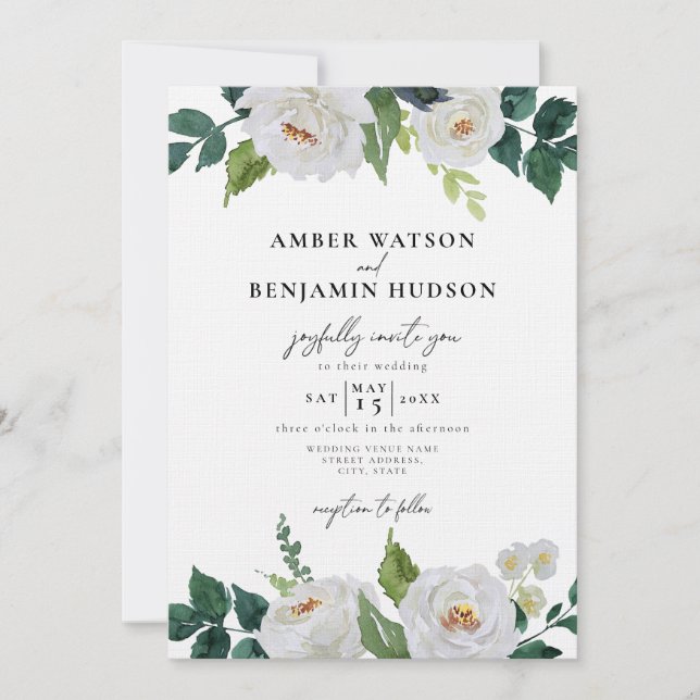White Ivory Green Leaves Floral Foliage Wedding Invitation (Front)