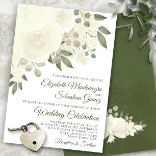 White Ivory Roses & Blossoms Elegant Wedding Invitation