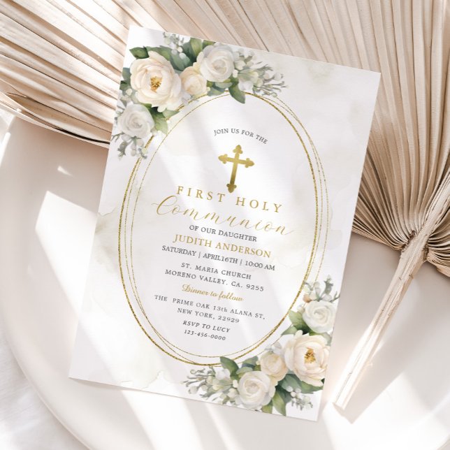 White Ivory Roses First Holy Communion  Invitation (Creator Uploaded)