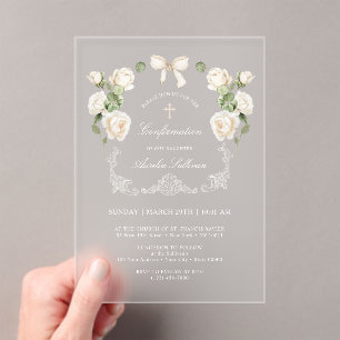 White Ivory Roses Frame Confirmation Acrylic Invitations
