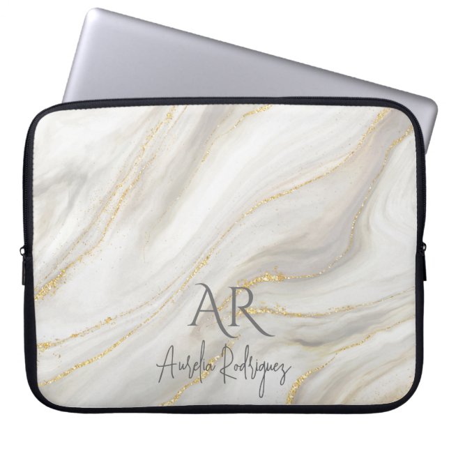 White Jade Marble Gold Glitter Customisable Laptop Sleeve (Front)