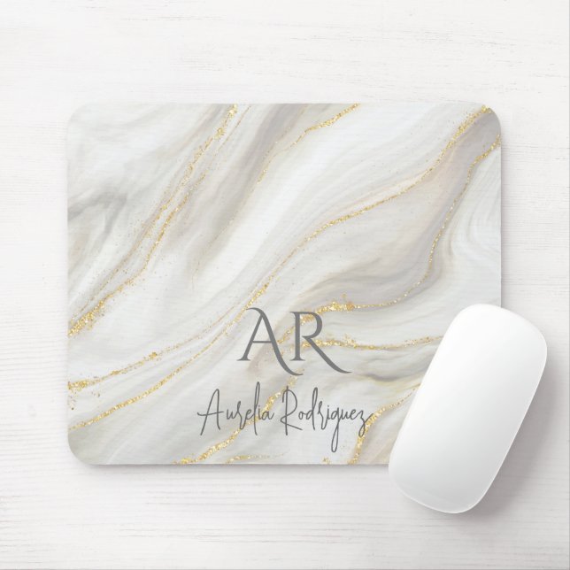 White Jade Marble Gold Glitter Customisable Mouse Pad (With Mouse)