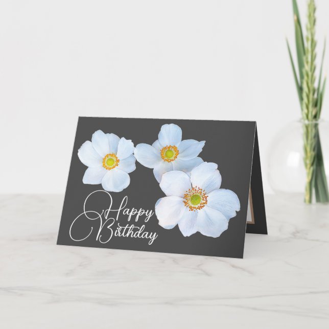 White Japanese Anemones Grey Colour Background Card (Front)