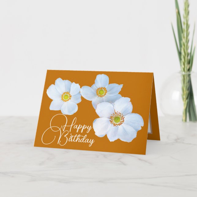 White Japanese Anemones Orange Colour Background Card (Front)