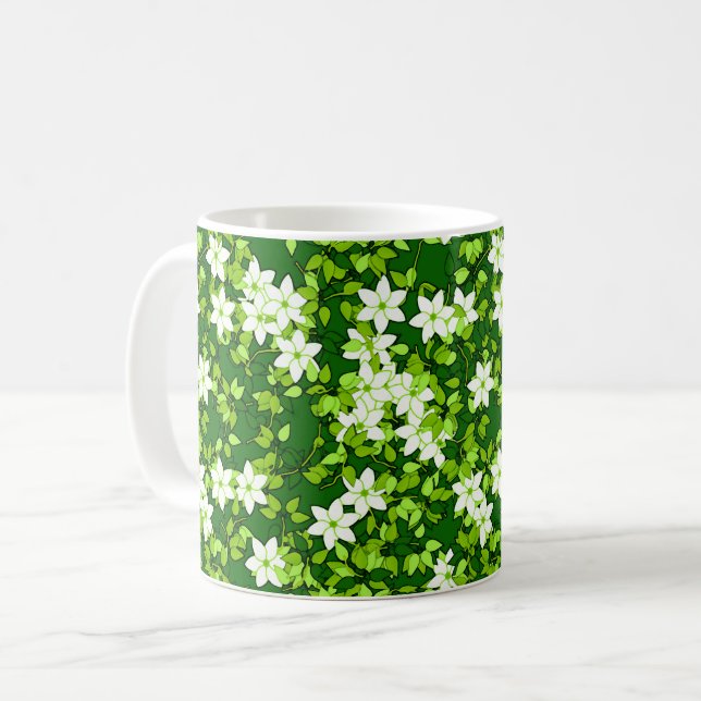 White Jasmine Among Green Leaves Coffee Mug (Front Left)