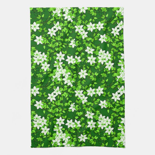 White Jasmine Among Green Leaves Tea Towel (Vertical)