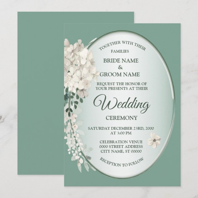 White Jasmine Floral Green Geometric Wedding Invitation (Front/Back)