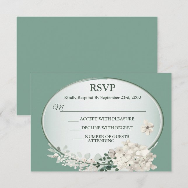 White Jasmine Floral Green Geometric Wedding Party RSVP Card (Front/Back)