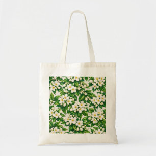 White Jasmine Flower Botanical Green Leaf Pattern Tote Bag