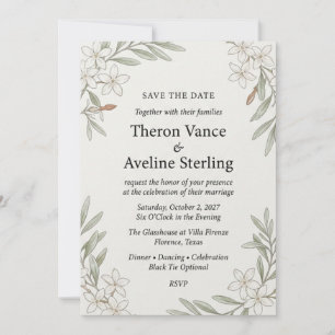 White Jasmine, Watercolor Foliage, Botanical Line Invitation