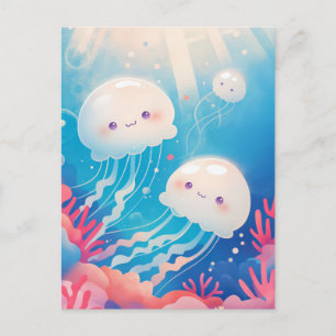 White Jellyfish Couple in Blue Tropical Coral Reef Postcard