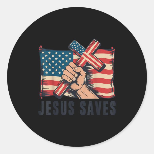 White Jesus Saves American Flag Christian Patrioti Classic Round Sticker (Front)