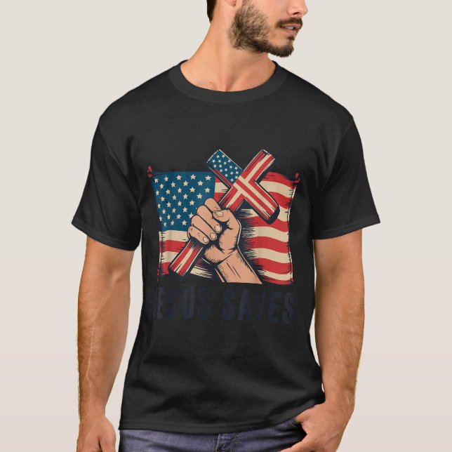 White Jesus Saves American Flag Christian Patrioti T-Shirt (Front)