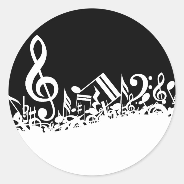 White Jumbled Musical Notes on Black Classic Round Sticker (Front)